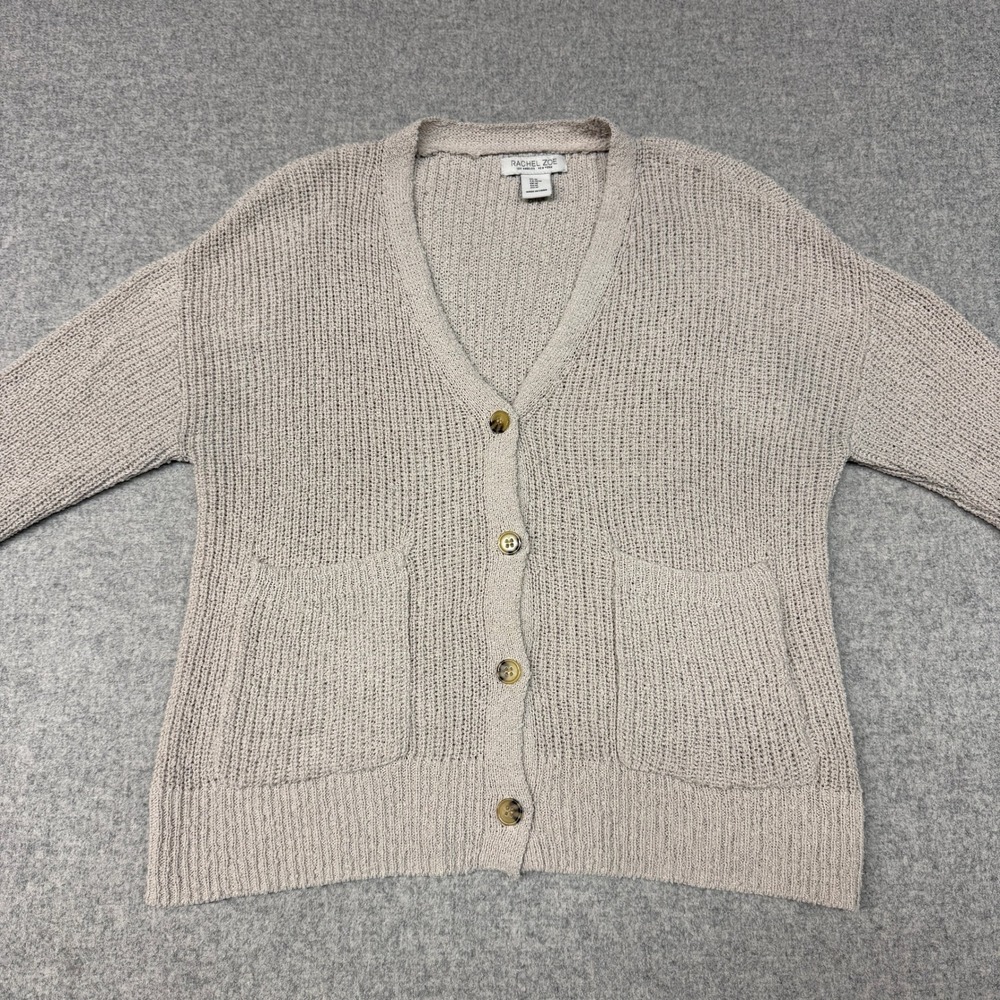Rachel Zoe Cardigan Sweater Size M Beige Open Knit Button Front V-Neck Pockets